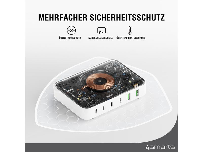 4smarts 7in1 GaN Ladestation Weiss 7-Port Ladestation mit Schnellladefunktion und integrierter kabelloser Ladefläche