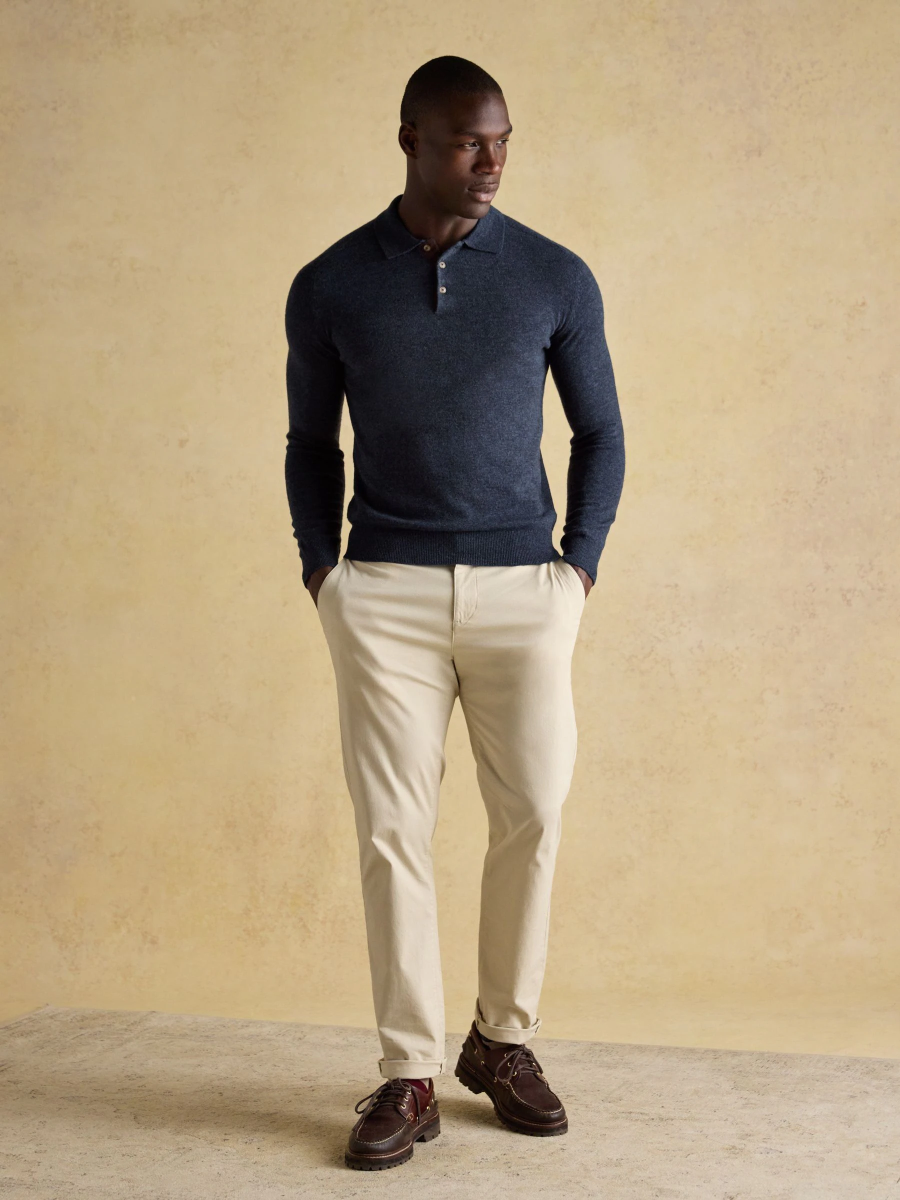 Marineblauw - Joules Sampson Wool-Rich Long Sleeve Knitted Polo Shirt