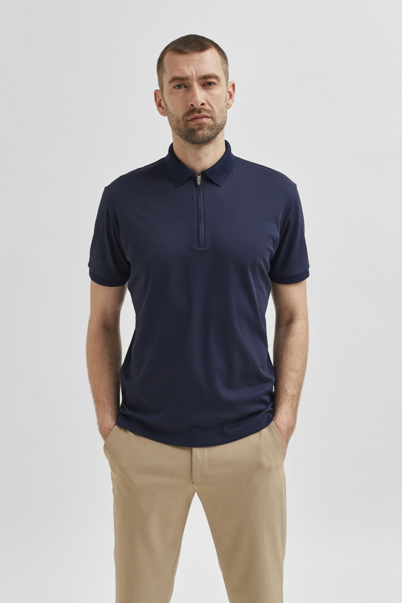 Camisa polo com zíper em algodão orgânico - Cinza escuro