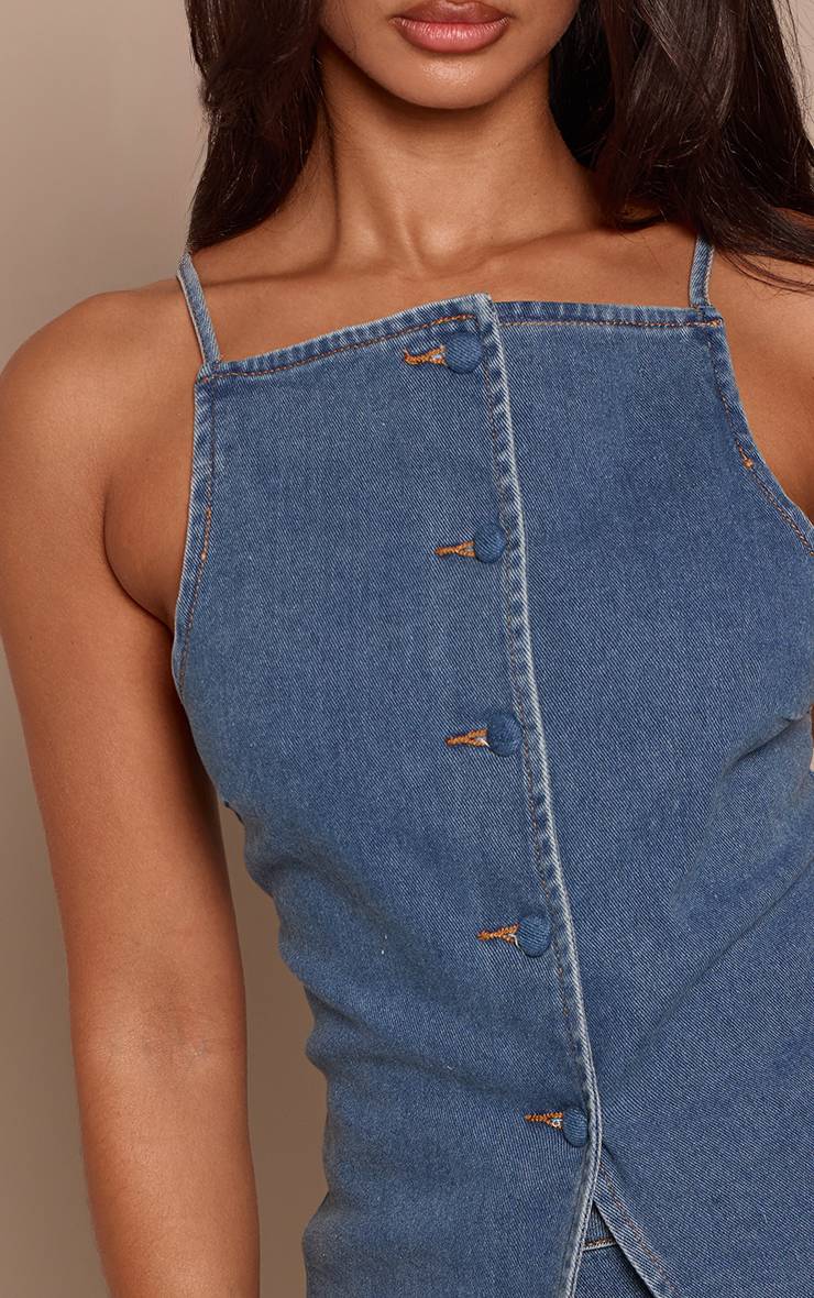 Mid Blue Wash Haut En Denim Ajusté À Encolure Carrée En Denim Stretch Bleu Moyen Petite