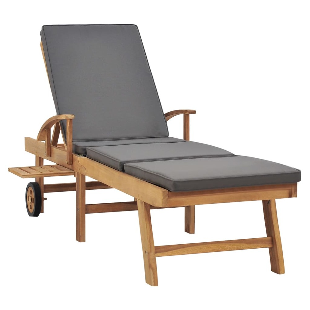Transat chaise longue bain de soleil lit de jardin terrasse meuble d'extérieur avec coussin bois de teck solide gris foncé 02
