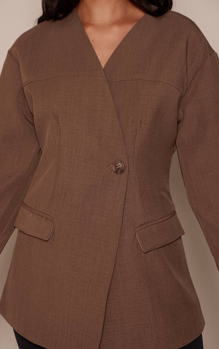 Taupe Blazer Sombre Cintré Asymétrique Sans Col À Coupe Ajustée