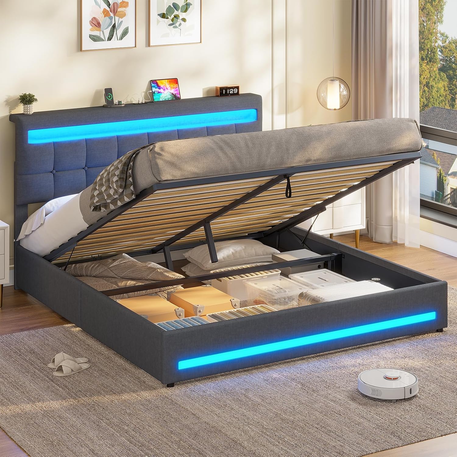 AOGLLATI Polsterbett 160x200 CM mit Ladestation & LED-Beleuchtung,Doppelbettgestell mit Stauraum Kopfteil & Lattenrost, Schwebender visueller Effekt,Modern Bettgestell Leinen, Ohne Matratze,Dunkelgrau
