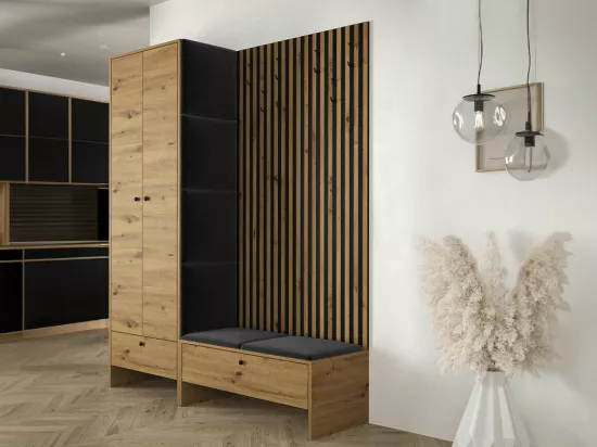 Meuble d'entrée Hartford 320, 206x145x44cm, Chêne Artisan|Noir, Tapisserie|Stratifié