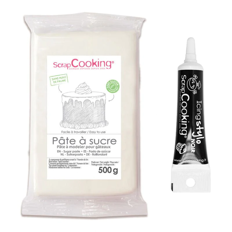 Pâte à sucre blanche 500 g + Stylo de glaçage noir Scrapcooking