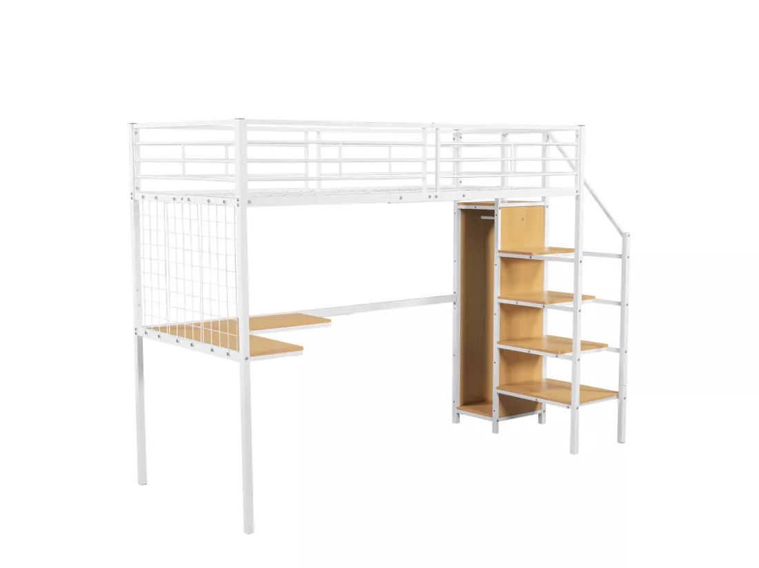 Lit mezzanine 90x200cm, lit enfant avec table et armoire, échelle latérale, acier + MDF, blanc
