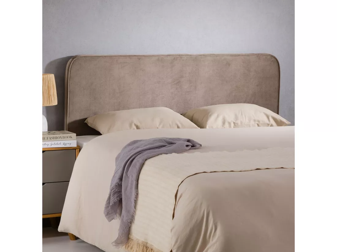 Tête de lit PILOV 140, En tissu rembourré, Fixation murale Design arrondi moderne, Pour lit 140 cm ou moins, Grège