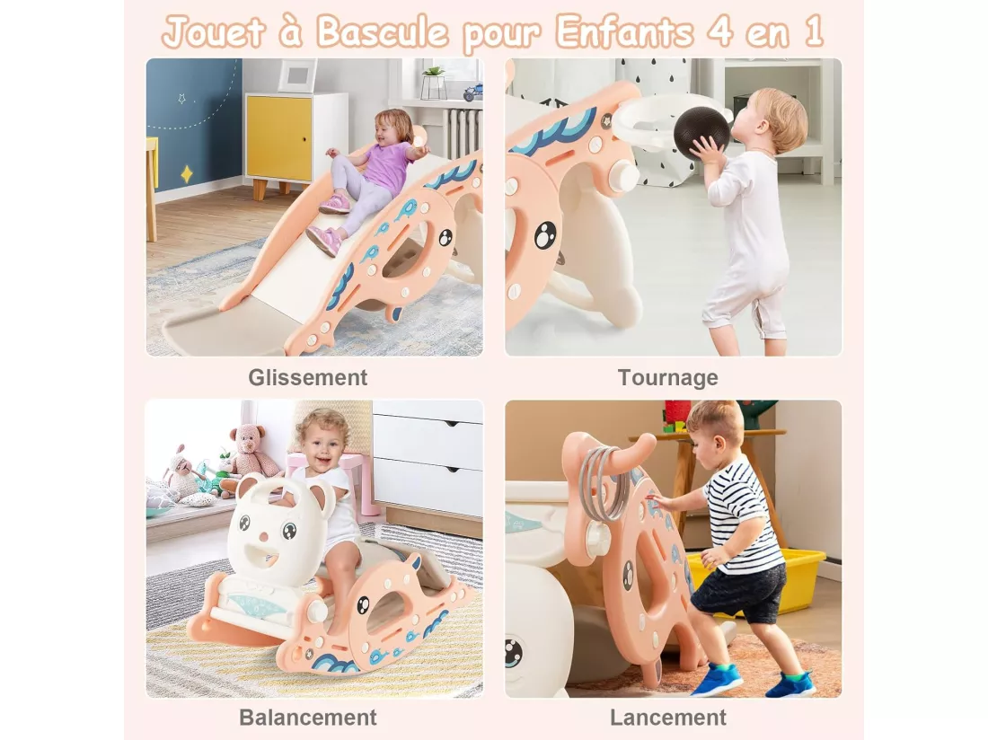 4 en 1 Toboggan Enfants avec 3 Modes & Motif d'ours, Cheval à Bascule Intérieur Extérieur avec Panier de Basketball & Ballon, Charge 50kg pour Enfants de 1-4 Ans, 93x65x46,5cm (Rose)