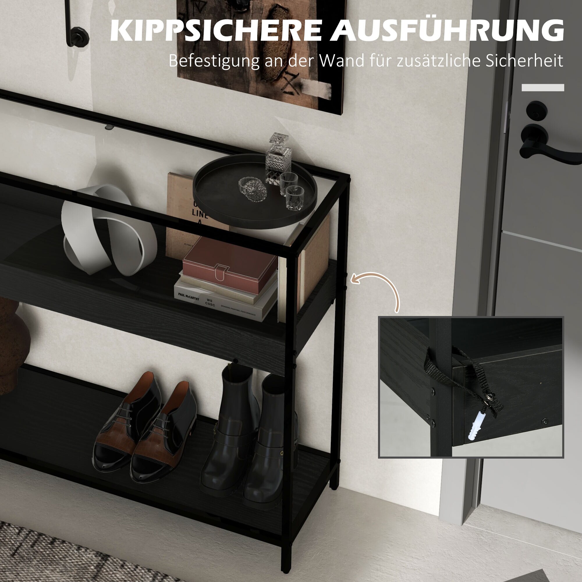 HOMCOM Konsolentisch mit Glasplatte und 2 Ebenen schwarz 100L x 30B x 78H cm