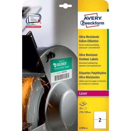 Avery Zweckform L7916-10 Ultra-Resistente Folien-Etiketten, 210 x 148 mm, 10 Bogen/20 Etiketten, weiß