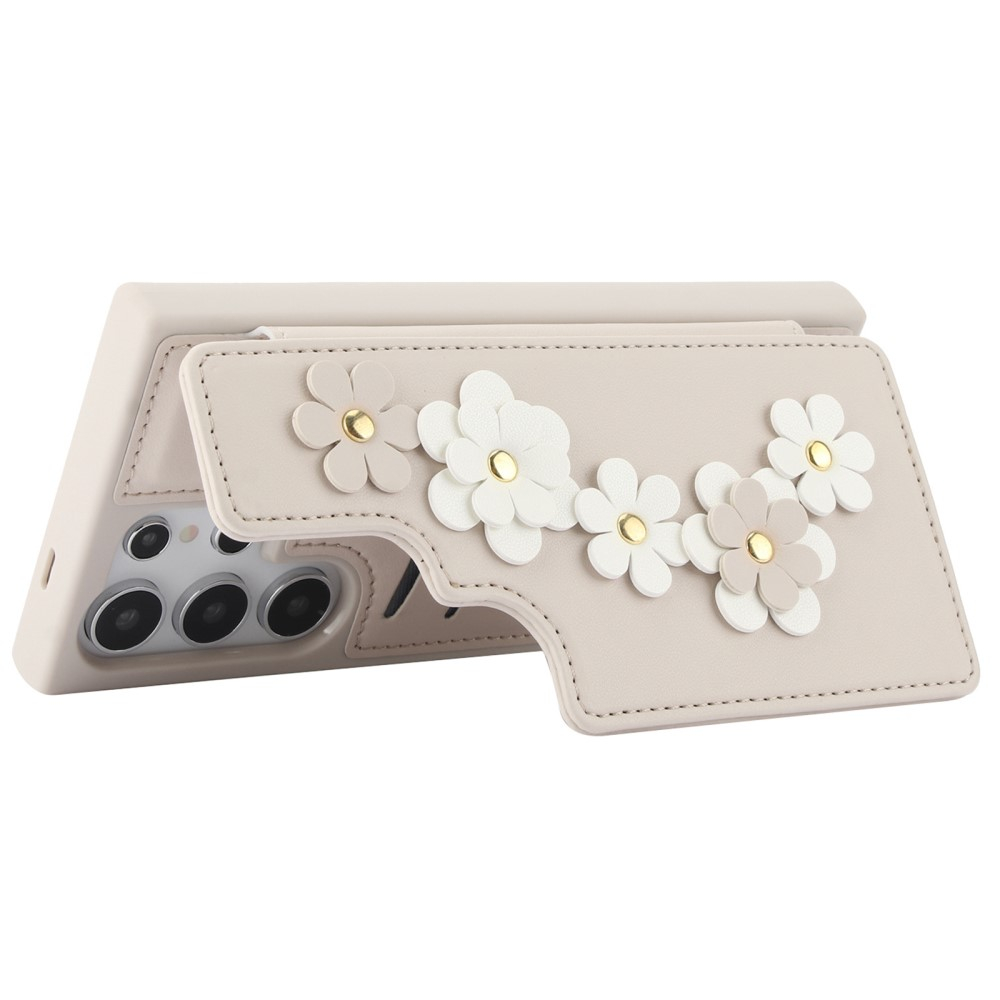 Samsung Galaxy S25 Ultra Necklace Leder Schutz Hülle mit Kartenfächer Blumen   Handykette (140cm) - Beige
