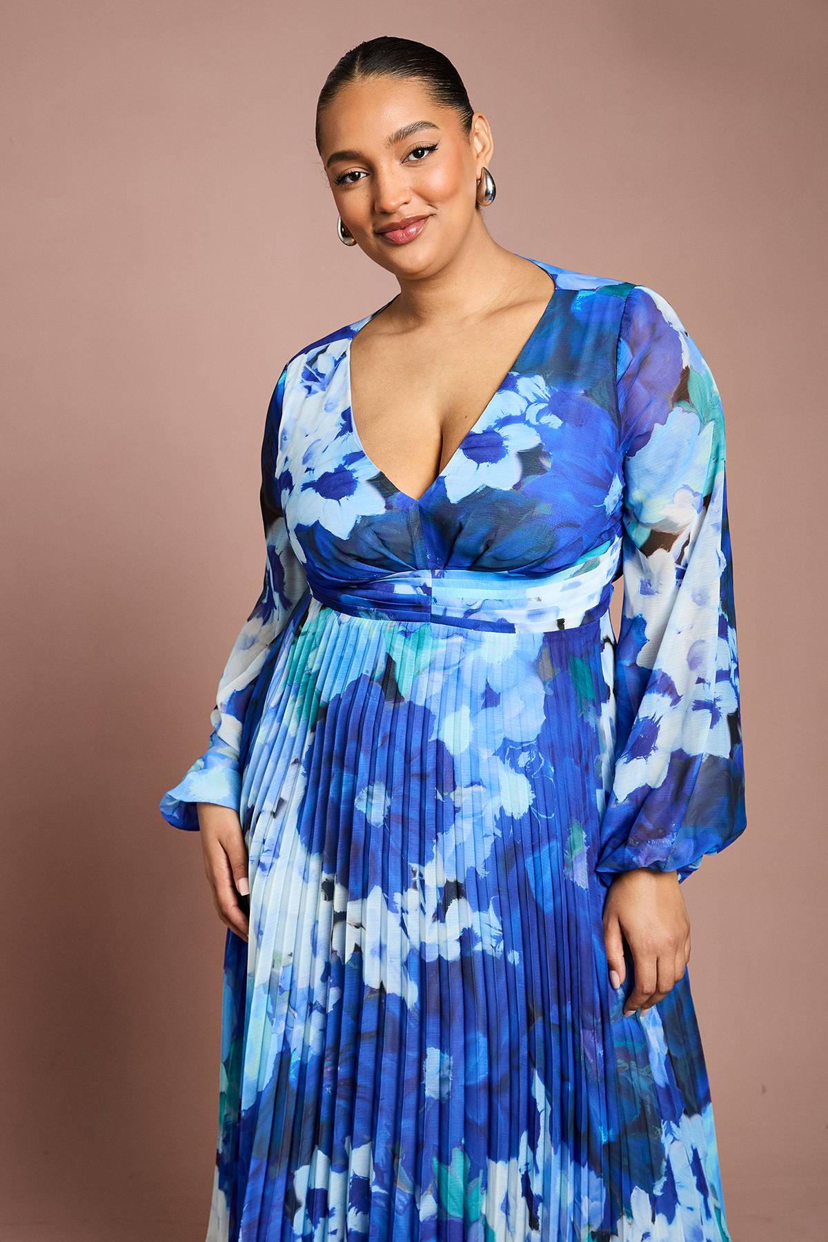 Coast Robe Mi-Longue Plissée à Manches Longues Imprimé Floral Grande Taille