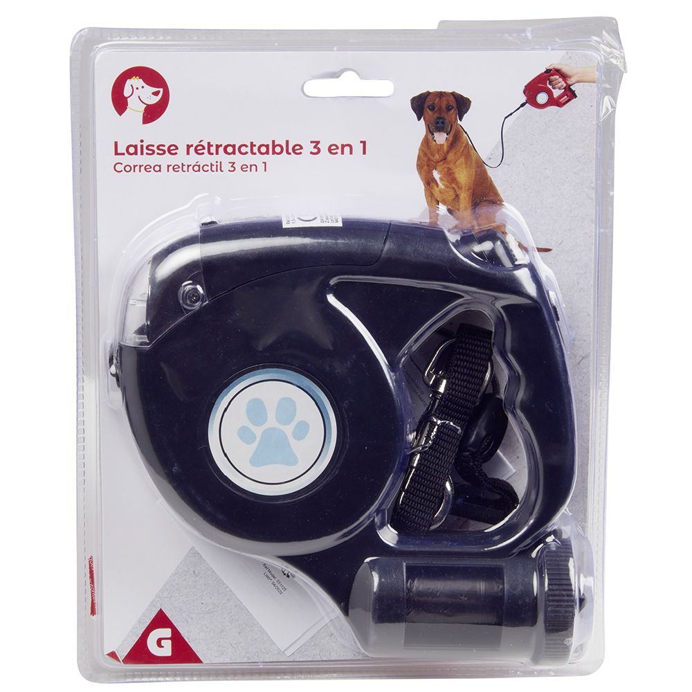Laisse rétractable, distributeur de sac à déjection et lampe LED