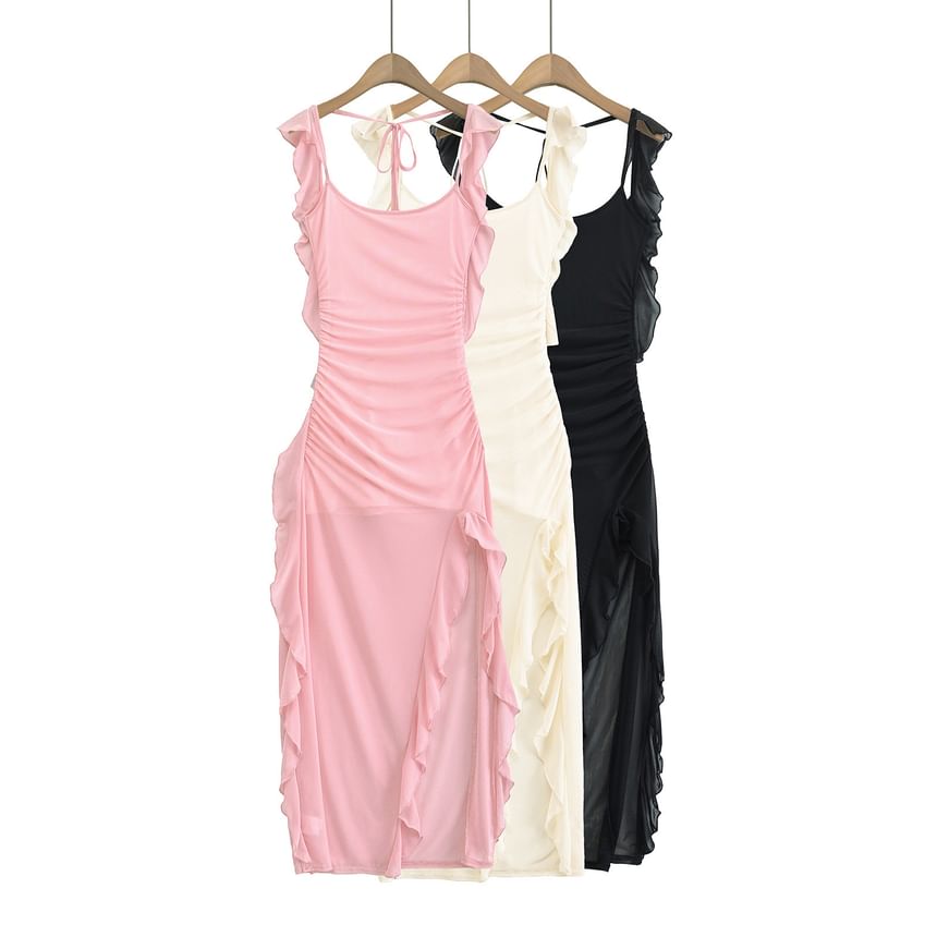 Sundine - Maxi-jurk met kapmouwen, ronde hals, effen ruches en mesh met split