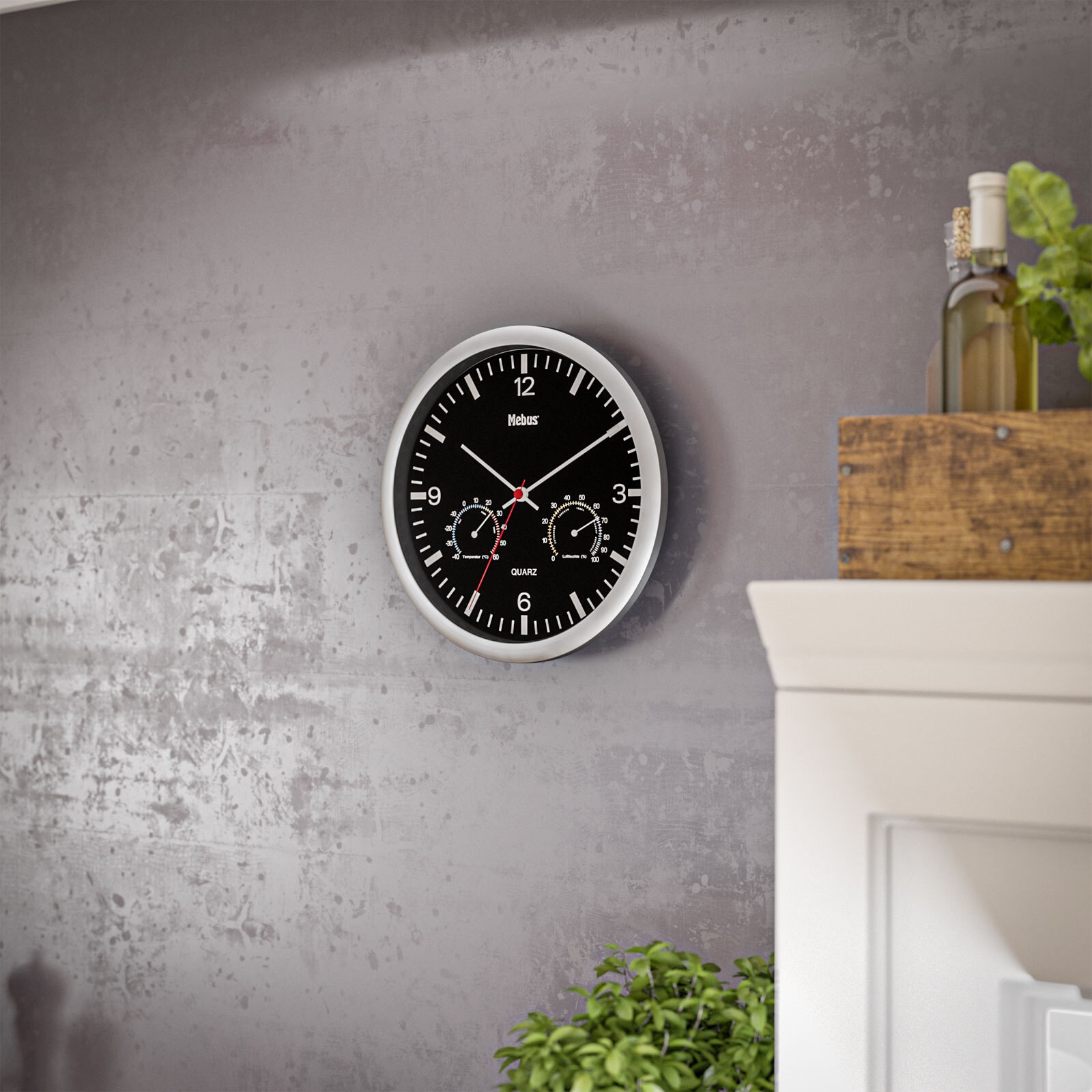 Mebus Quarz-Wanduhr mit Thermo- und Hygrometer 25 cm schwarz