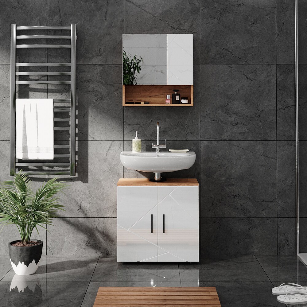 Vicco Badmöbelset Irma Eiche Weiß Hochglanz modern Badezimmerschrank Badschrank Badezimmermöbel Waschtischunterschrank Spiegelschrank Schranktür Schrankfach