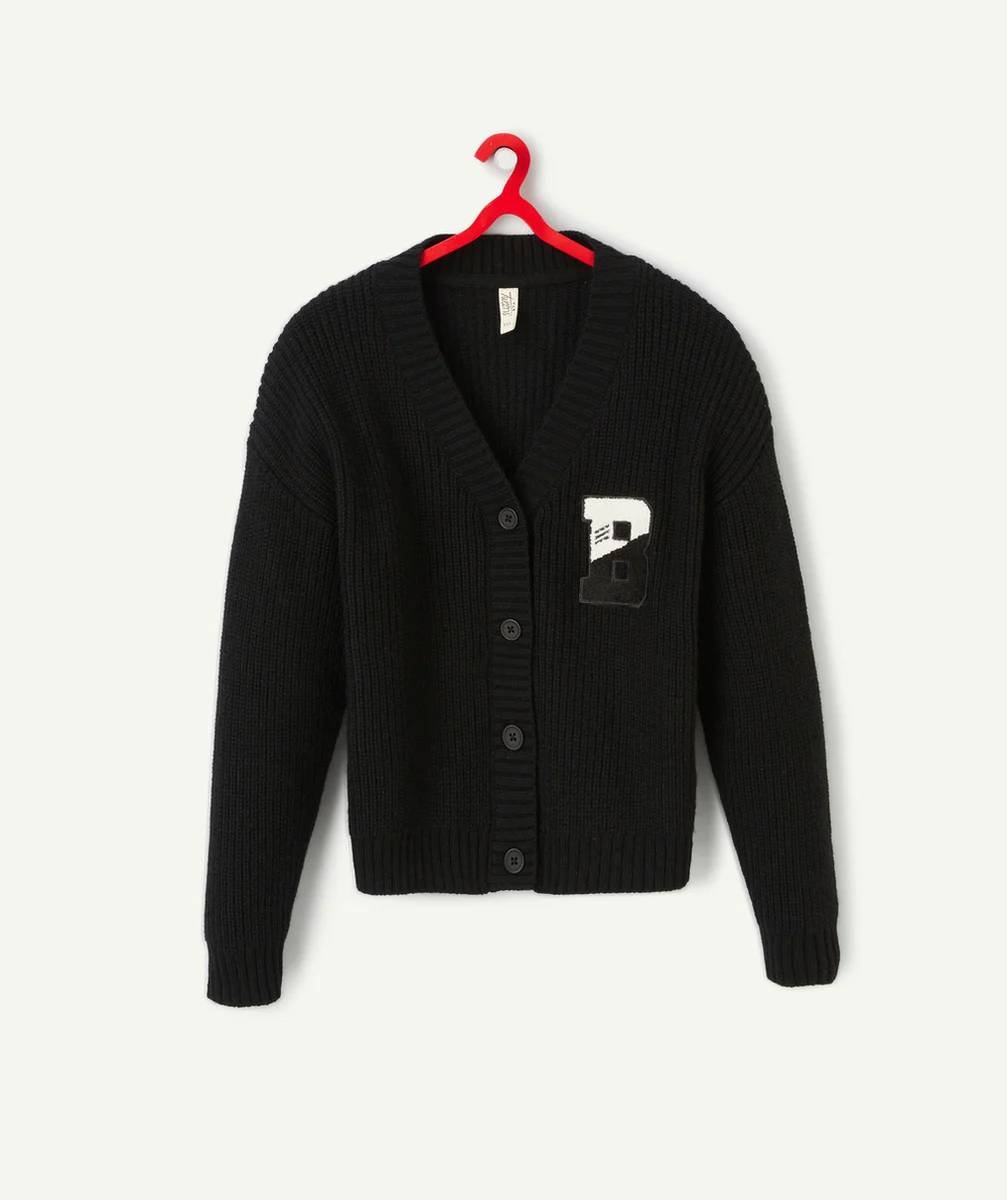 CARDIGAN TRICOT FILLE NOIR AVEC PATCH LETTRE EN BOUCLETTES