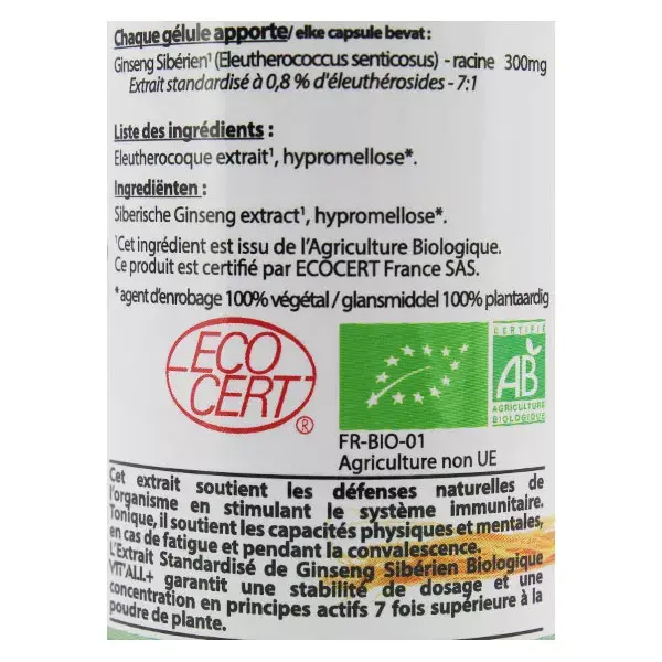 Vit'all+ Ginseng Siberiano 300mg Orgânico 60 Cápsulas Vegetais