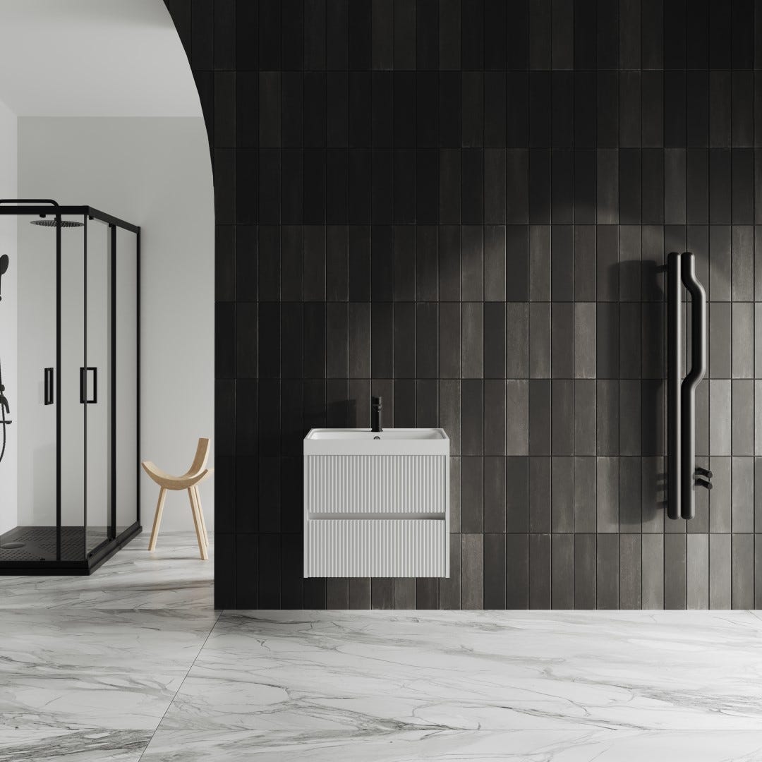 60cm wastafelmeubel en wastafel in wit geribbeld | Cortina