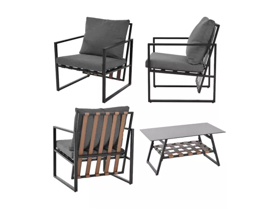 Salon de jardin 4 places - canapé, 2 fauteuils et 1 table basse avec étagère - tube en acier galvanisé et sangles en PVC - coussins amovible et lavable - Noir