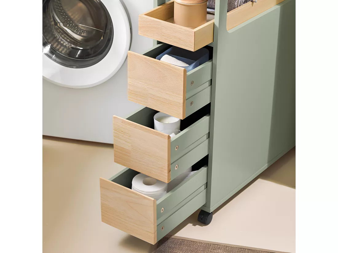 SoBuy Meuble de Rangement Salle de Bain Étroit sur roulettes, Support Papier Toilette, Armoire Toilettes WC Compact, Rangement Polyvalente avec 1 Plateau Amovible et 3 tiroirs, 65x24x82cm, BZR54-GR