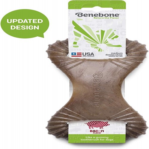 Brinquedo dental Benebone para dentição em formato de bacon, marrom.