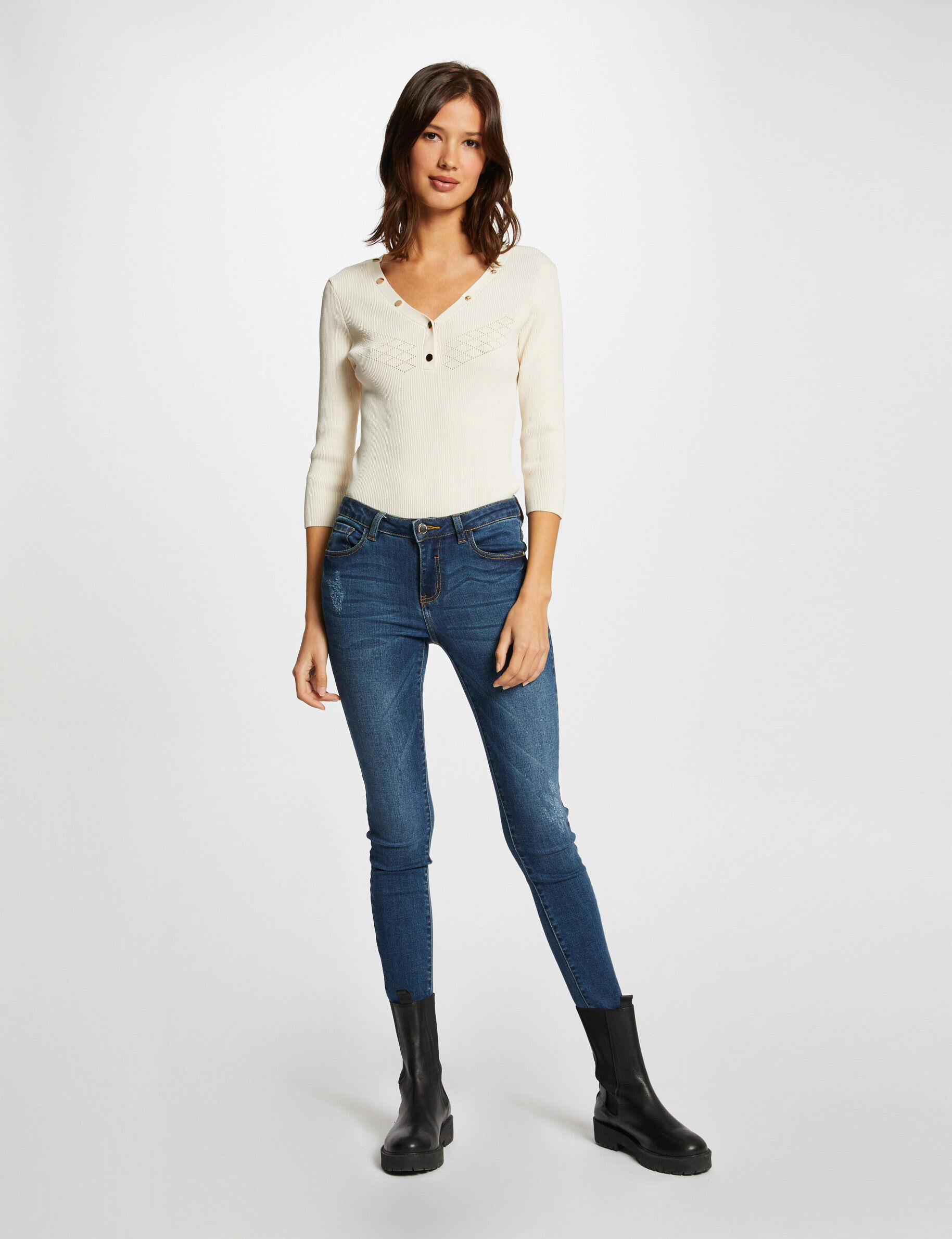 Pull manches 3/4 avec boutons ivoire femme - ivoire
