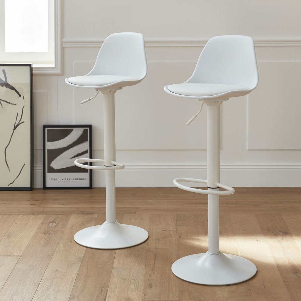 Lot de 2 tabourets de bar réglables 61.5/83.5cm - noah - simili cuir blanc - hauteur réglable. Repose-pieds