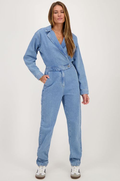 Blauwe denim jumpsuit met reverskraag