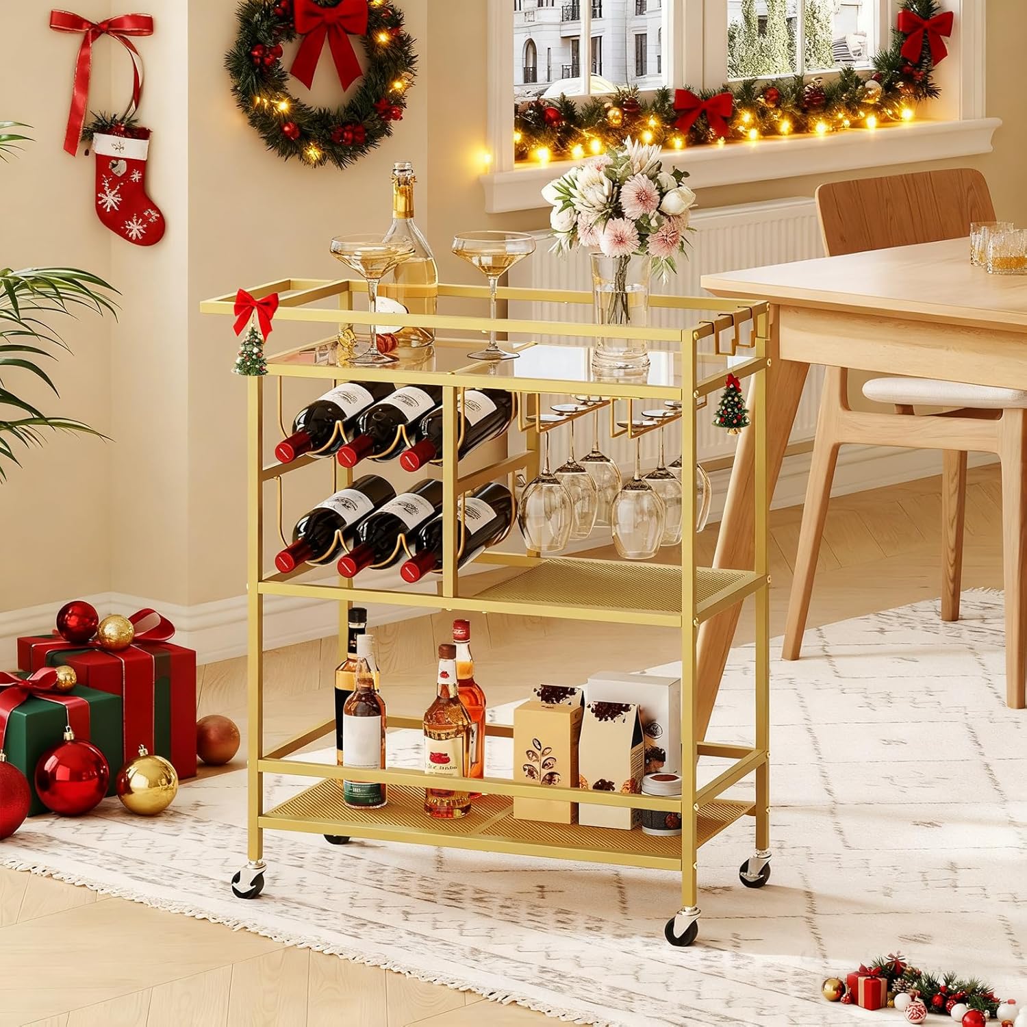 Chariot Ménager, Desserte de Service Roulant à 3 Niveaux avec Poignée, Chariot à Boissons avec Porte-Verres et Porte-Bouteilles, pour Cuisine, Salle à Manger, Or ARCJ61B01 VC1677150