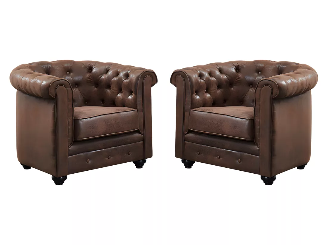 Lot de 2 Fauteuils CHESTERFIELD en microfibre aspect cuir vieilli