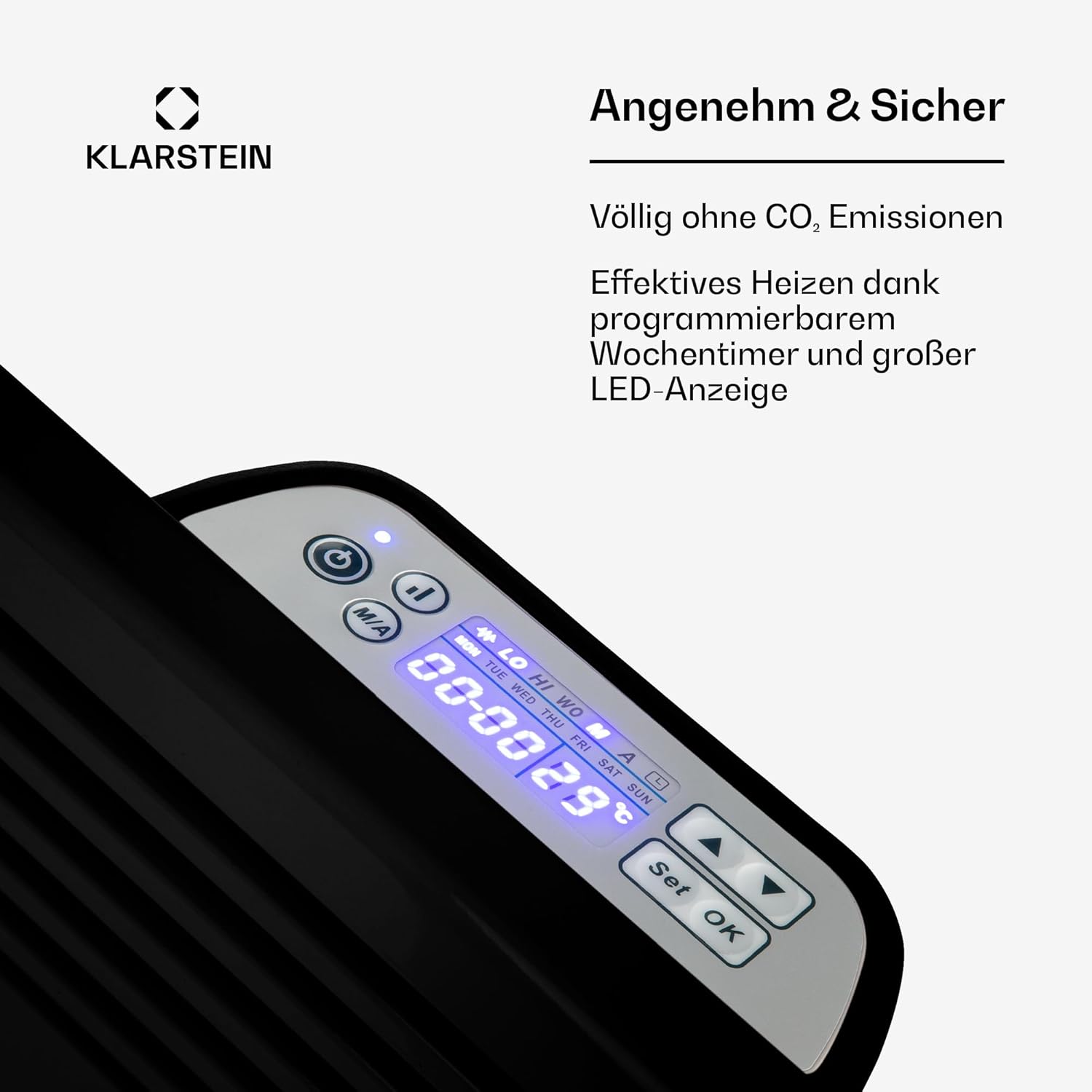 Klarstein Elektroheizung, Konvektor-Heizung Freistehend oder Wandmontage, Energiesparend, Erkennung Offener Fenster, Heizkörper Elektrisch mit Thermostat, 2000 W
