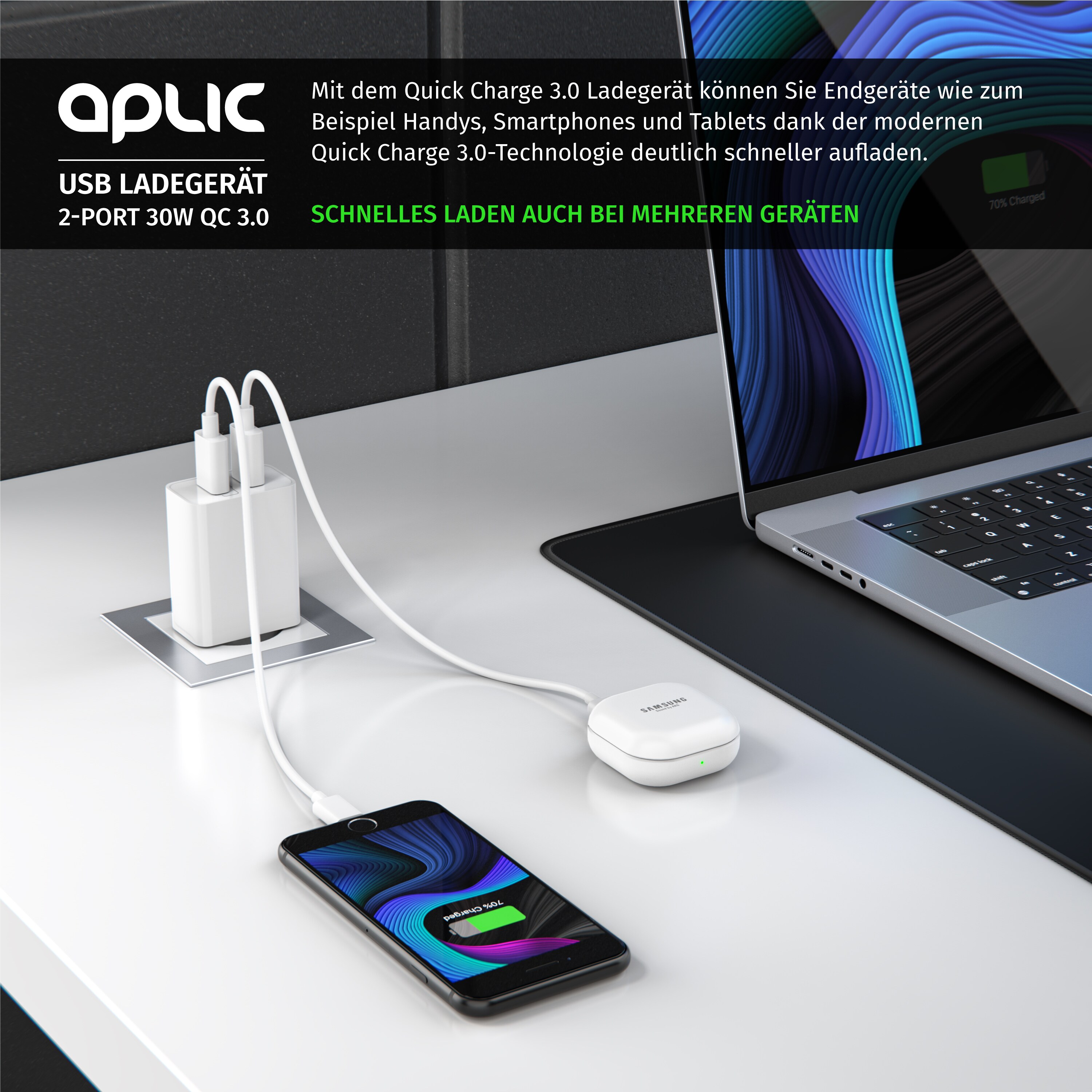 Aplic USB-Ladegerät 3000 mA, 2-Port, 30W, Quick Charge 3.0 (QC 3.0) Schnelladefunktion