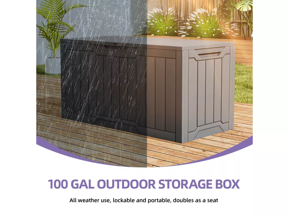 YITAHOME Boîte de Terrasse en Résine - 380L - 115 x 55 x 58.5 CM - Intempéries - Verrouillable - Taupe