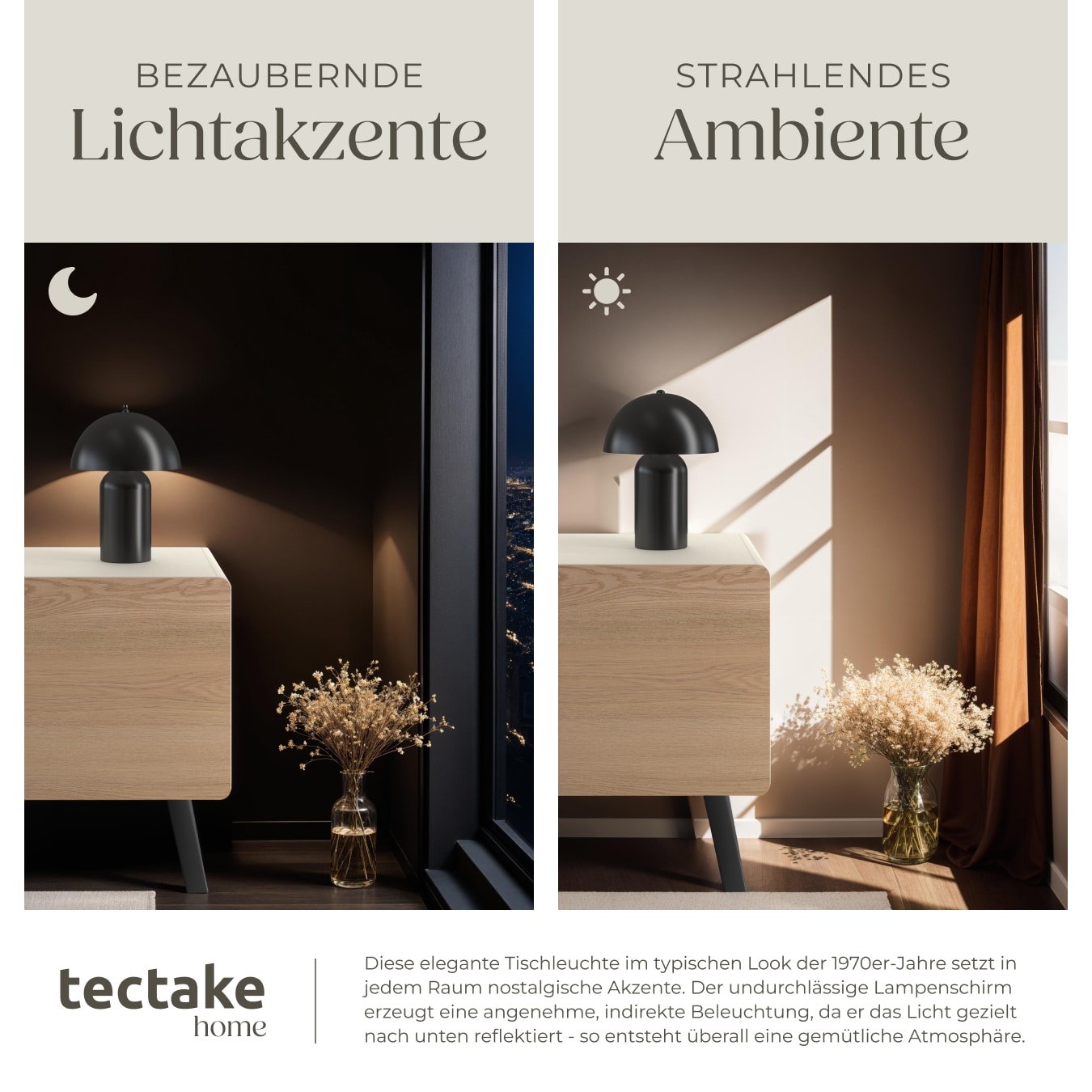 tectake® Akku-Tischlampe, Retro-Pilzdesign im 70er-Jahre-Stil, indirektes Licht, Touchschalter, inkl. Ladekabel, 25 x 34 cm