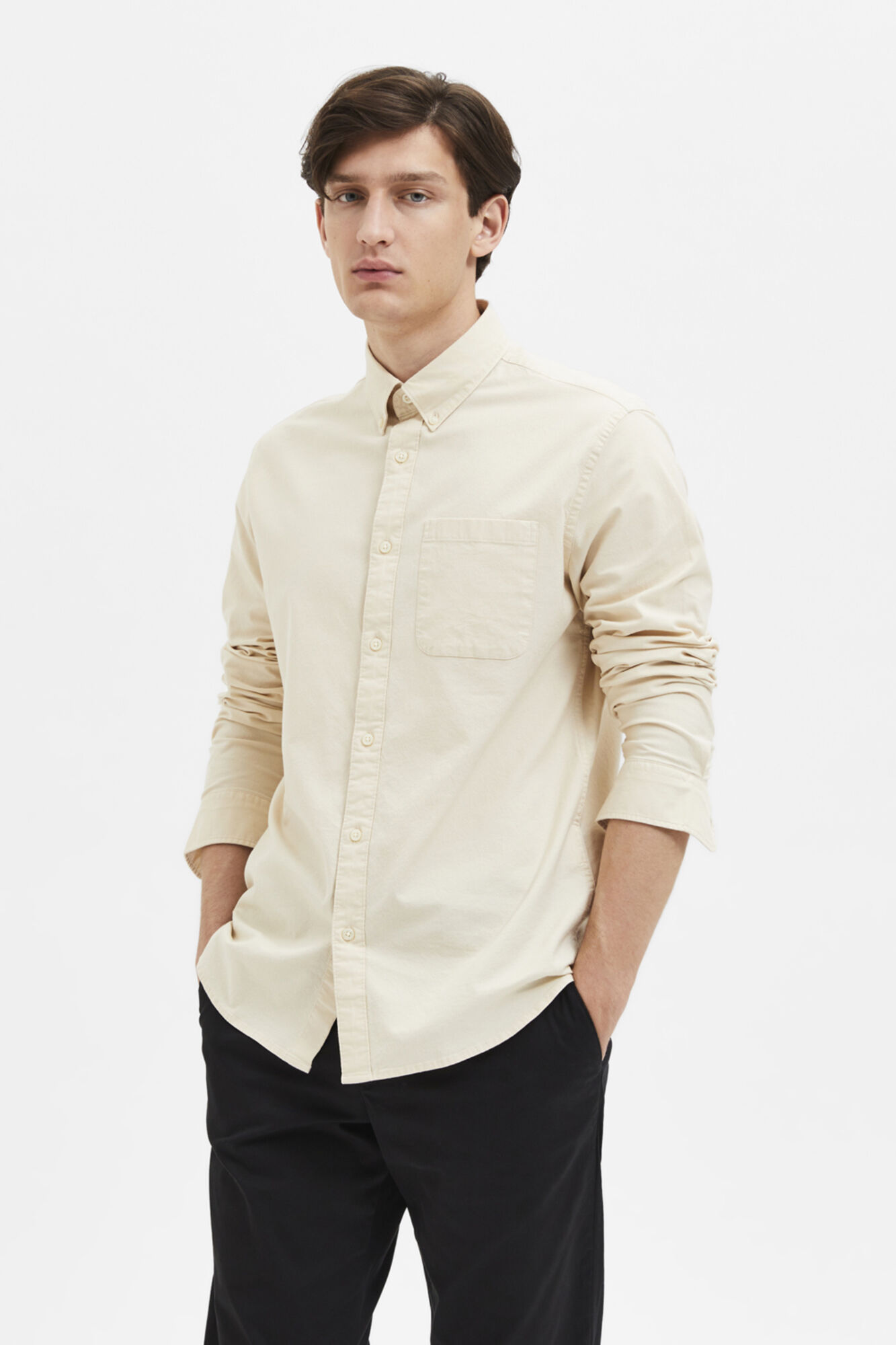 Camisa de manga comprida com bolso, 100% algodão - Marrom