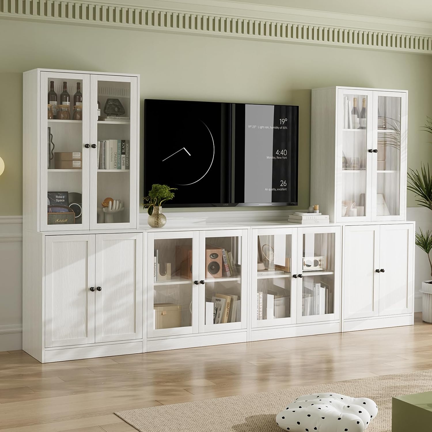 VOWNER 4PSC Großer TV-Schrank mit Bücherregalen für Fernseher bis zu 70 Zoll, 280 cm Long tv Ständer mit gehärteten Glastüren und Einlegeböden, fernsehschrank für Wohnzimmer, 2B+2D (Weiß)