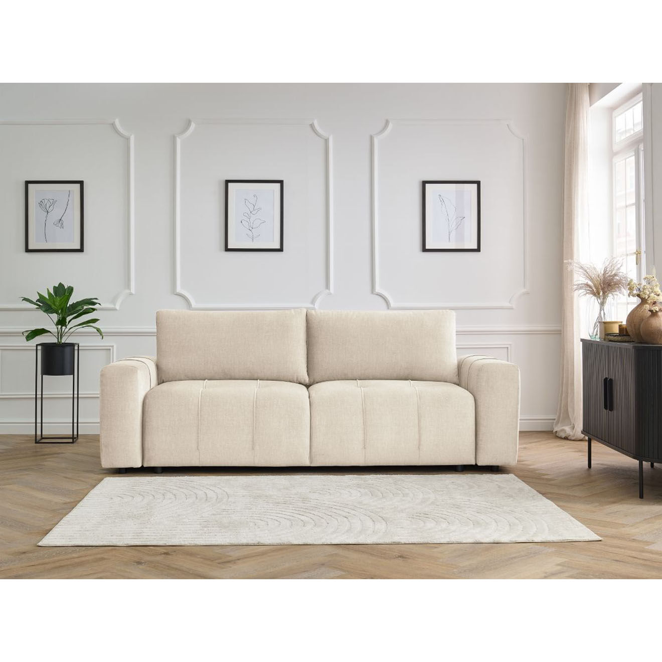 Bobochic Canapé droit convertible en Velours 3 places Arsène avec coffre beige - 248x105x90 cm
