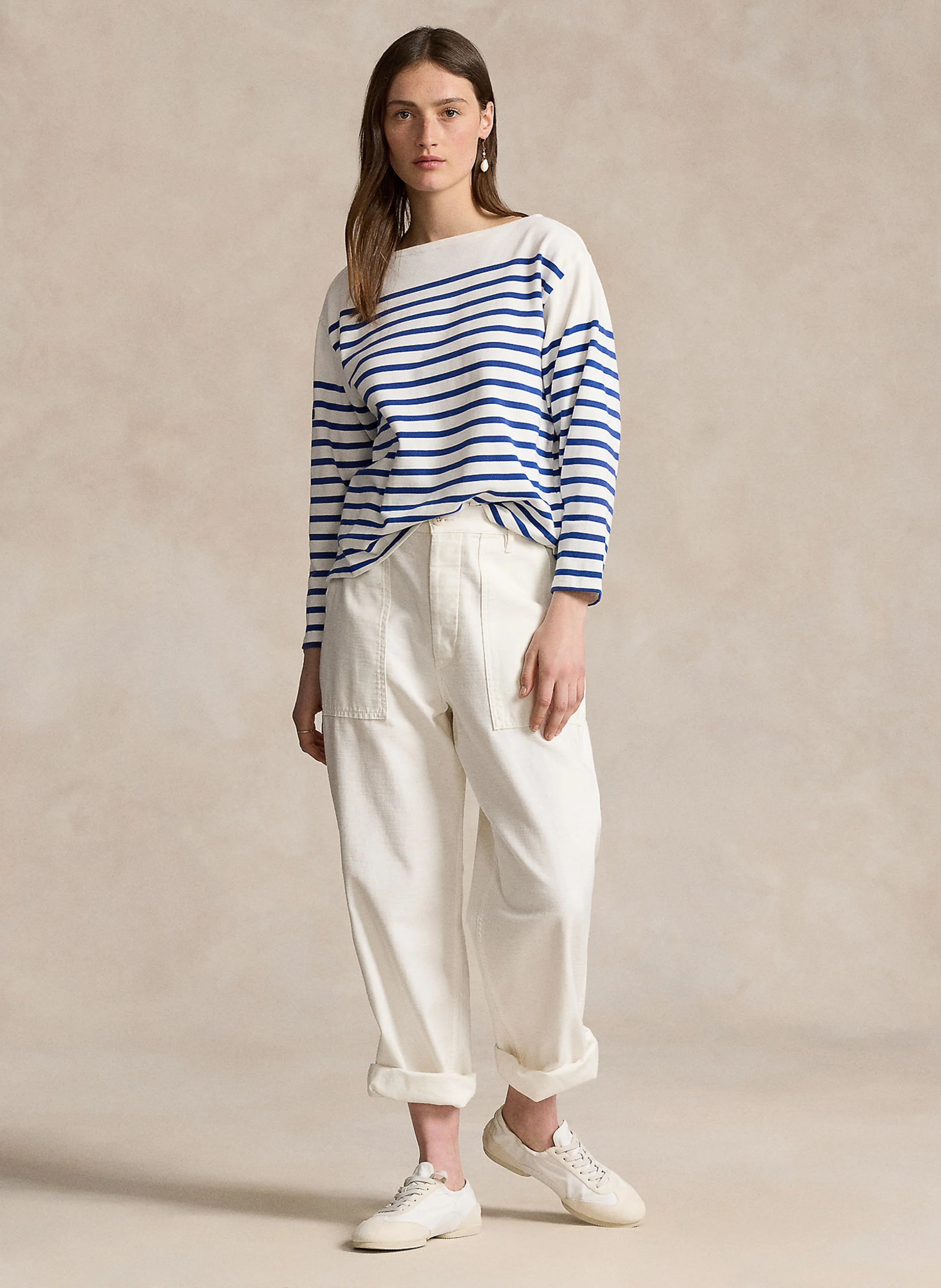 Top droit col bateau en coton | Beige