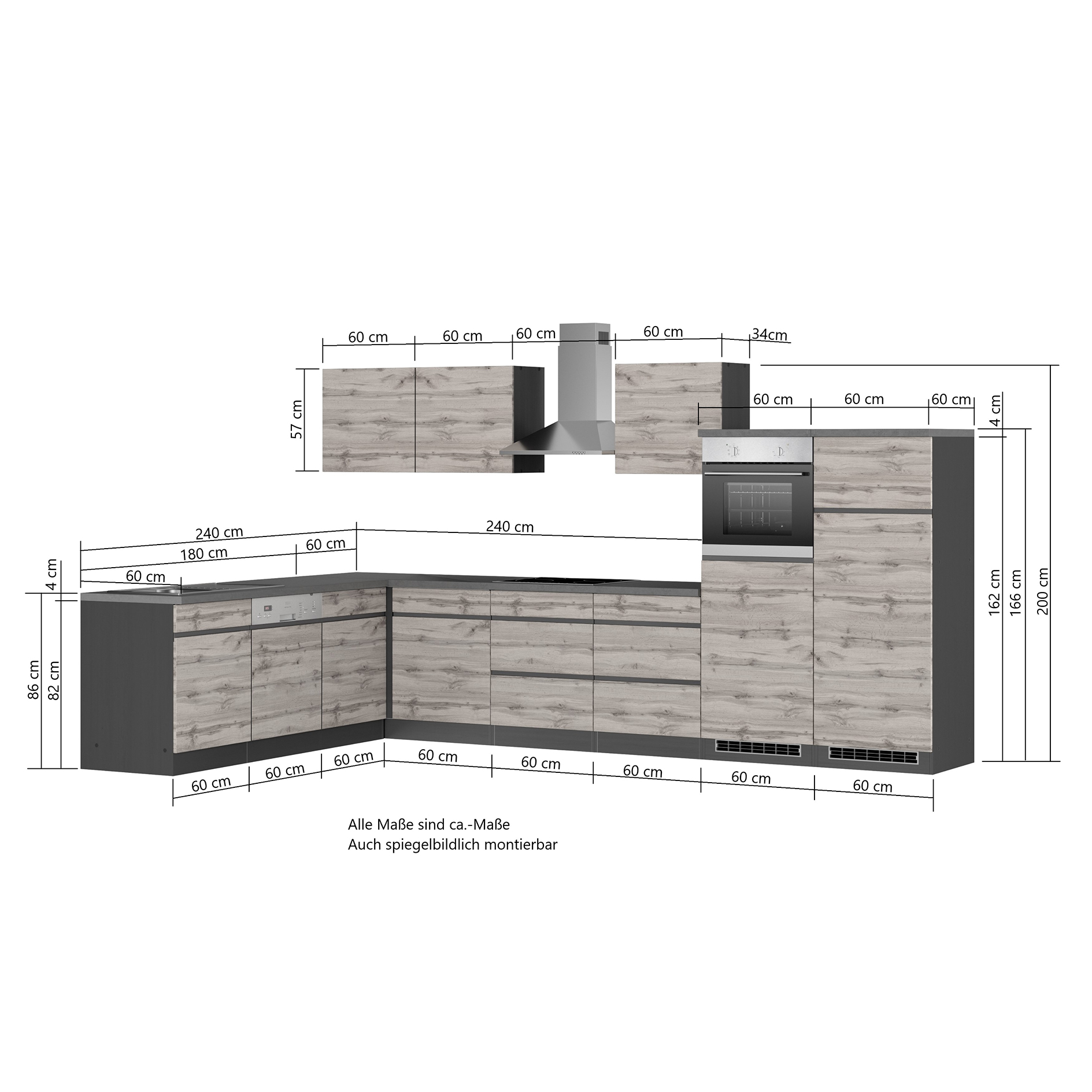 Winkelküche TURIN - Wotan Eiche-grau matt - mit E-Geräten - 360x240 cm