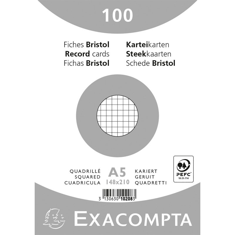 Fiche bristol 210 x 148 mm quadrillée 5 x 5 blanche non perforée Exacompta - Boîte de 100