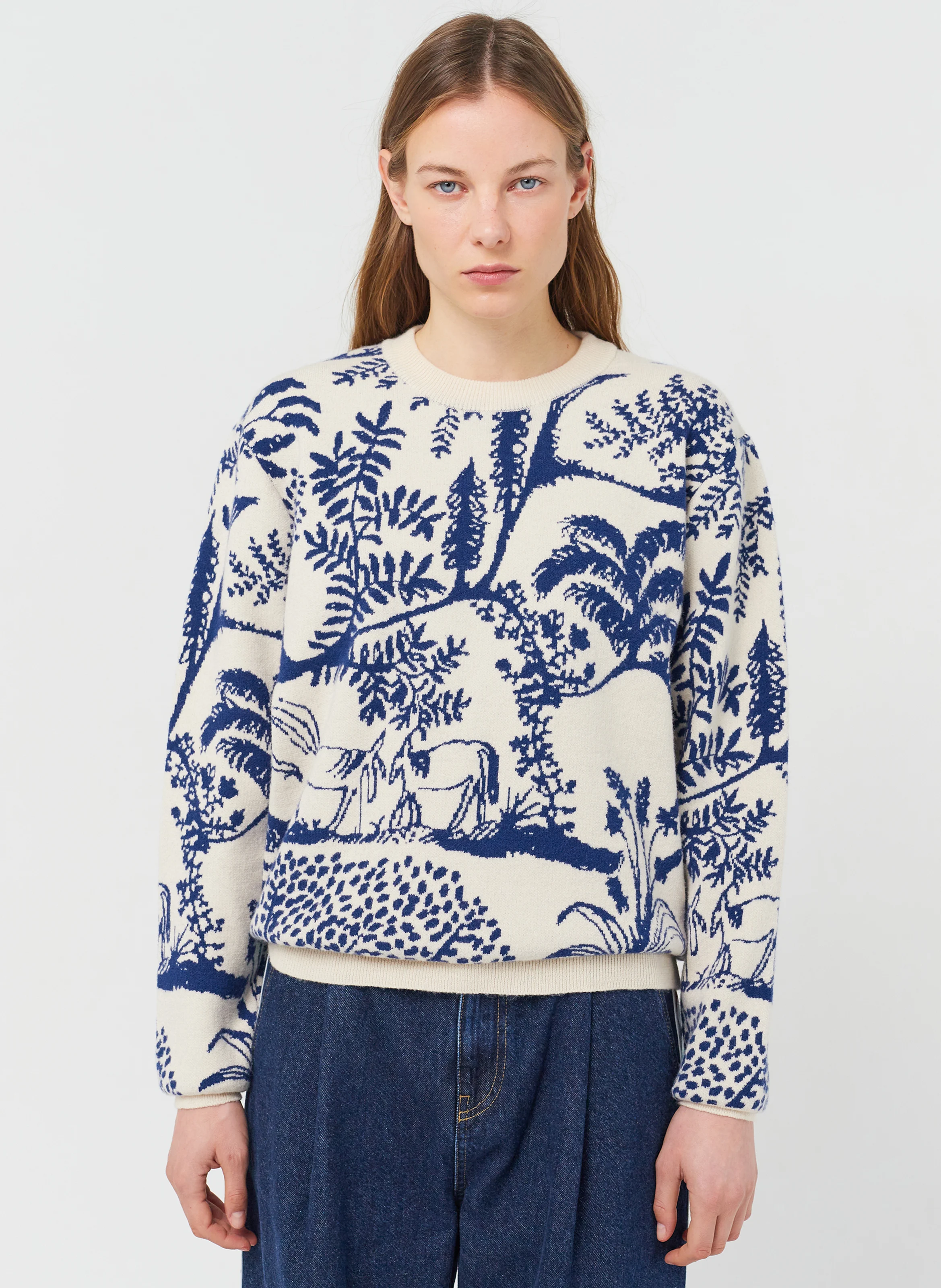 Pull col rond droit en jacquard imprimé | Blanc