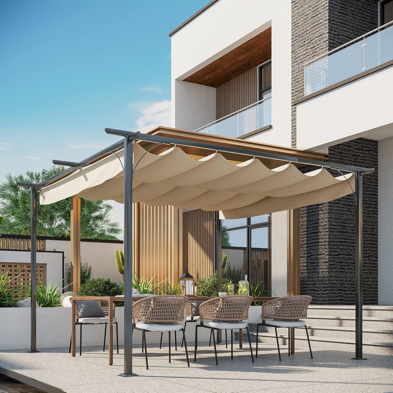 Outsunny Versenkbare Pergola 4 x 4 m Metallstruktur Epoxydharz Korrosionsschutz schwarz + Polyestergewebe mit hoher Dichte 180 g/m² inkl. Beige