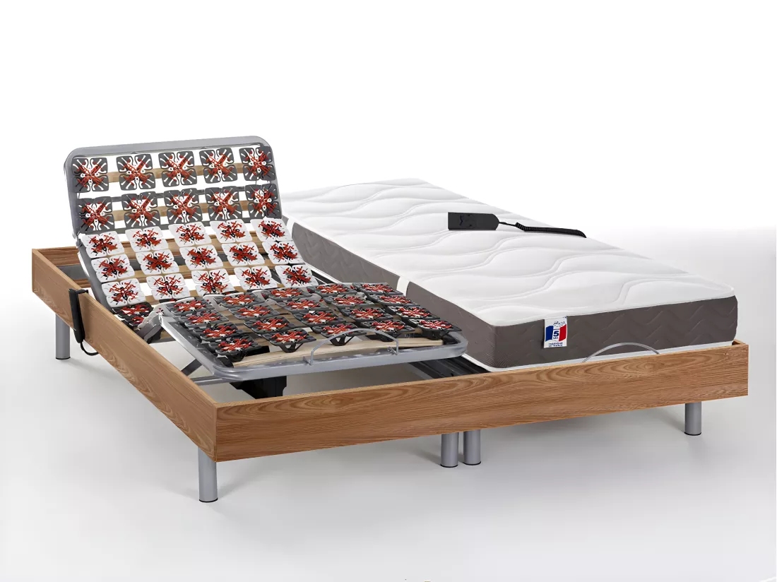 Lit électrique de relaxation tout plots + matelas 100% latex 3 zones - 2 x 70 x 190 cm - Naturel clair - JUPITER de YSMÉE