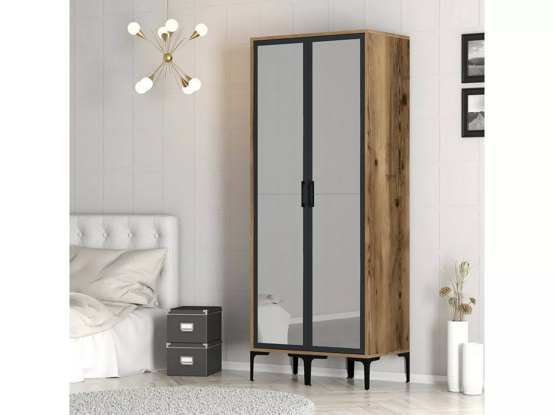 Garde-robe 2 portes Dpret, Meubles de chambre, Penderie de plain-pied, Placard à vêtements, 80x201h48 cm, Noyer et Anthracite