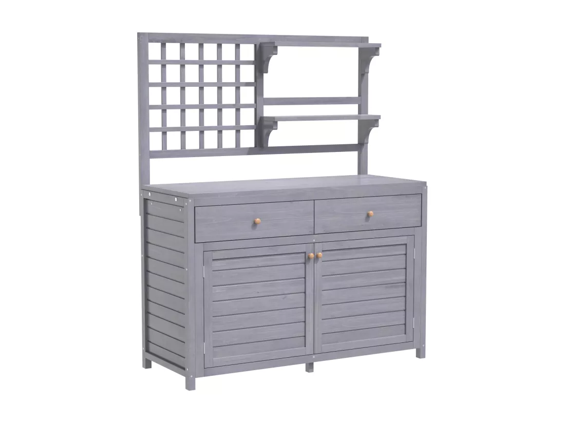 Armoire de jardin, abri de jardin en bois massif avec 2 portes, 2 tiroirs et étagère de rangement - 141.5 x 44 x 105 - Gris