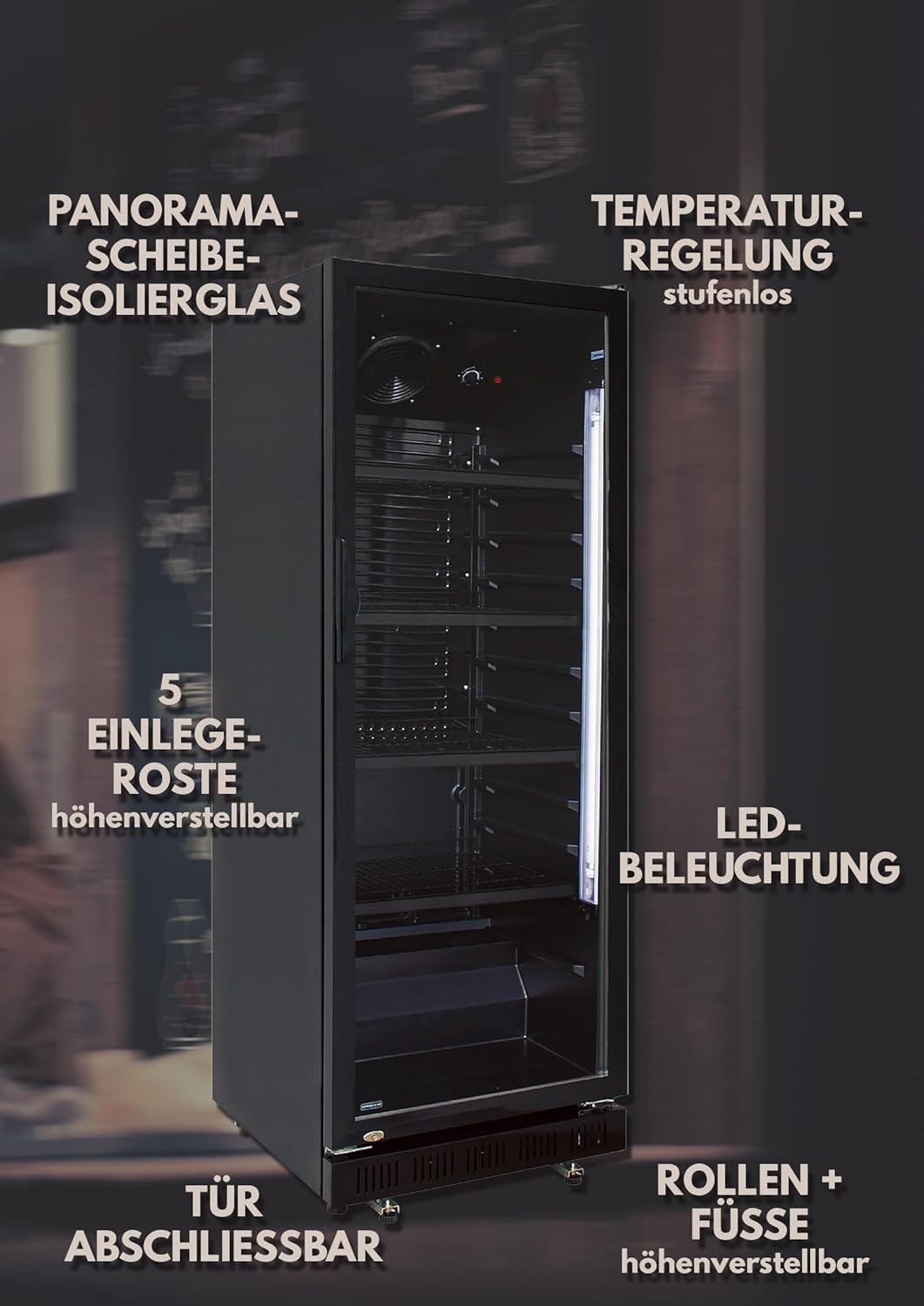 A&S Polarny Flaschenkühlschrank 360 Liter Getränkekühlschrank Flaschenkühler Kühlschrank schwarz mit Glastür abschließbar, 5 verstellbare Roste, Gehäuse aus Stahl