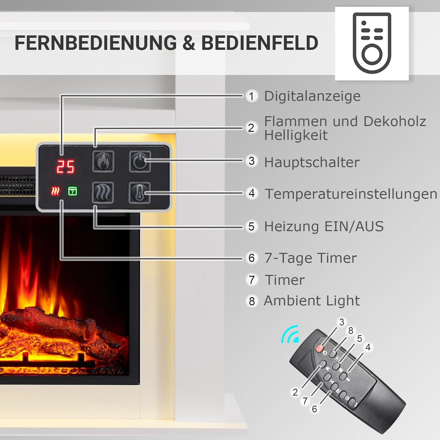 Elektrokamin BALDERIA Liora - Elektrischer Standkamin mit Ablagefach, 3D-Flammeneffekt, LED-Ambientebeleuchtung, Heizung 2000W, Timer, Thermostat, Fernbedienung - Liora Weiß