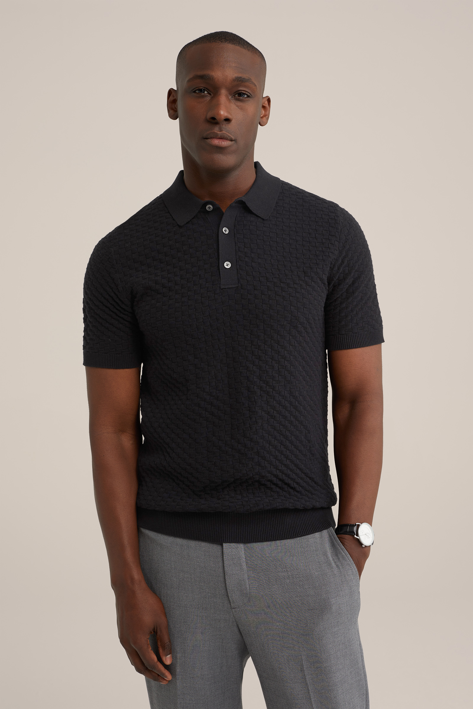 fijngebreide polo met structuur WE Fashion Zwart