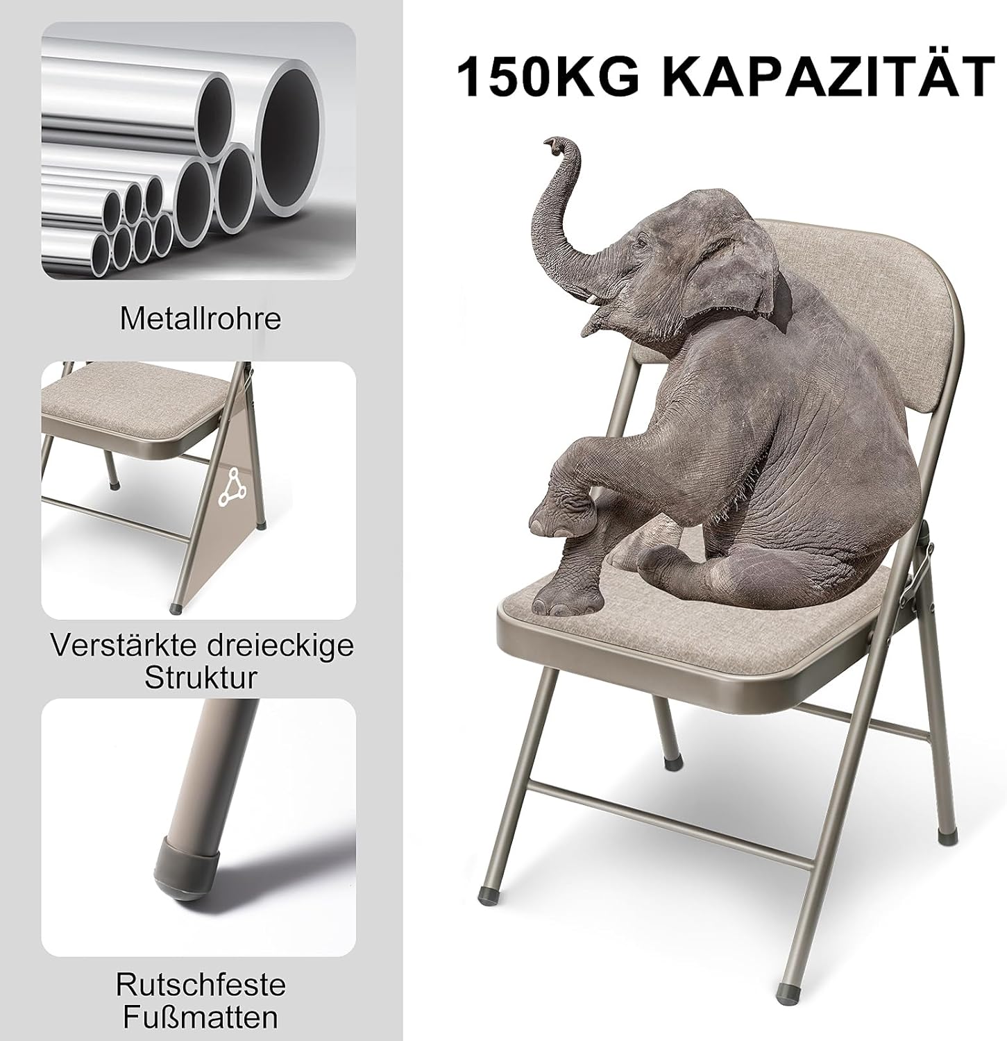 Gartenstühle Stapelbar 4er set Balkonstuhl Campingstuhl Klappbar Stapelstuhl Klappstuhl Outdoor Stühle für Gärten Innenhöfe Balkon Restaurants, Metall Gartenstuhl bis 150 kg Belastbar mit Stoff-Kissen